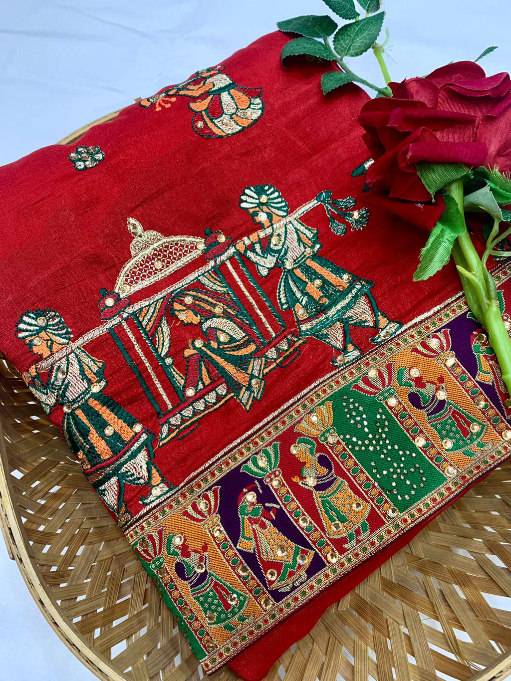 Premium Red Vichitra Silk Saree with Embroidery and Diamond Work