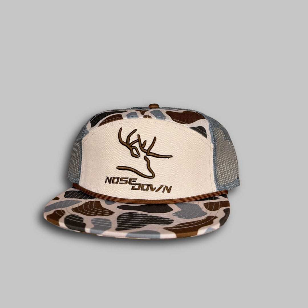 Unisex 7-panel duck camo embroidered snapback hat in earth tones