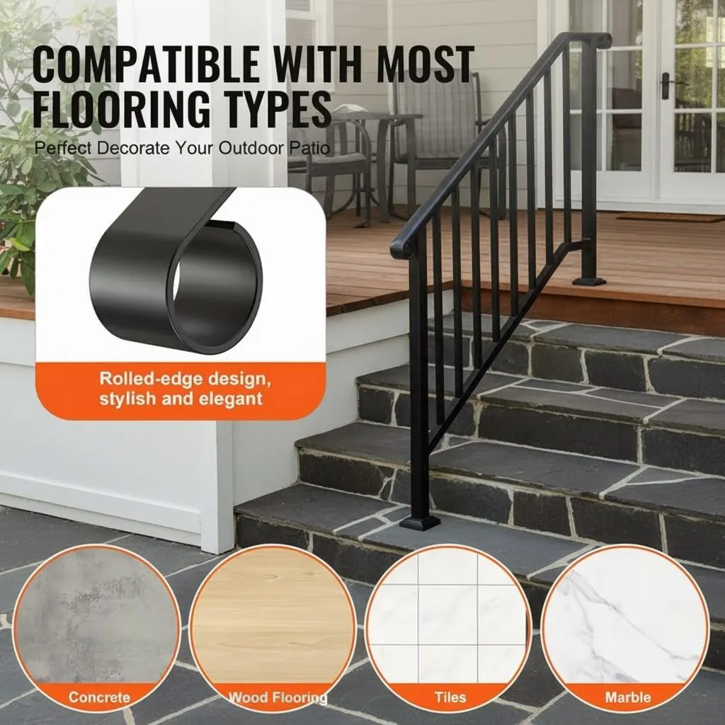Adjustable Outdoor Stair Handrail for 1–4 Steps, Black Steel Railing