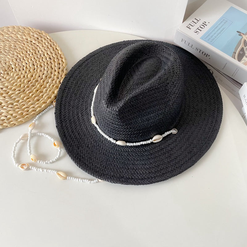 Beaded Seashell Straw Fedora – Bohemian Coastal Summer Hat