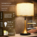 Modern Nordic style fabric table lamp with touch sensor dimming on a wooden side table