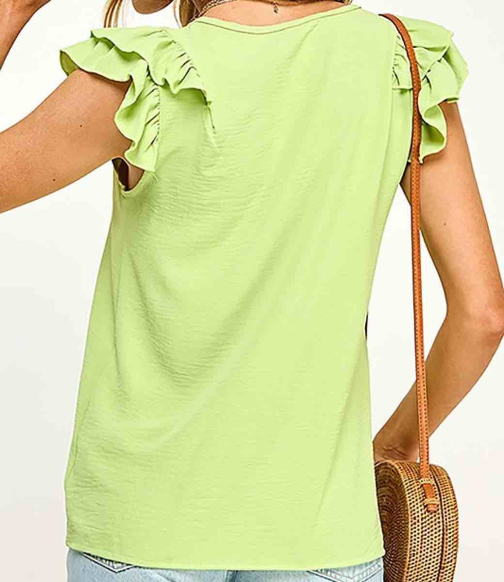 Veronica V Neck Ruffled Top in Lime Green - Relaxed Fit