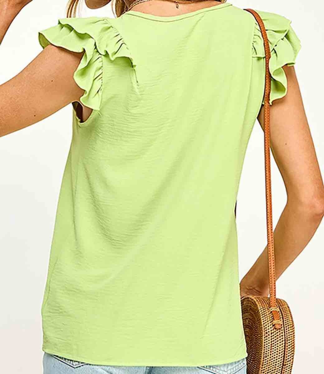 Veronica V Neck Ruffled Top in Lime Green - Relaxed Fit