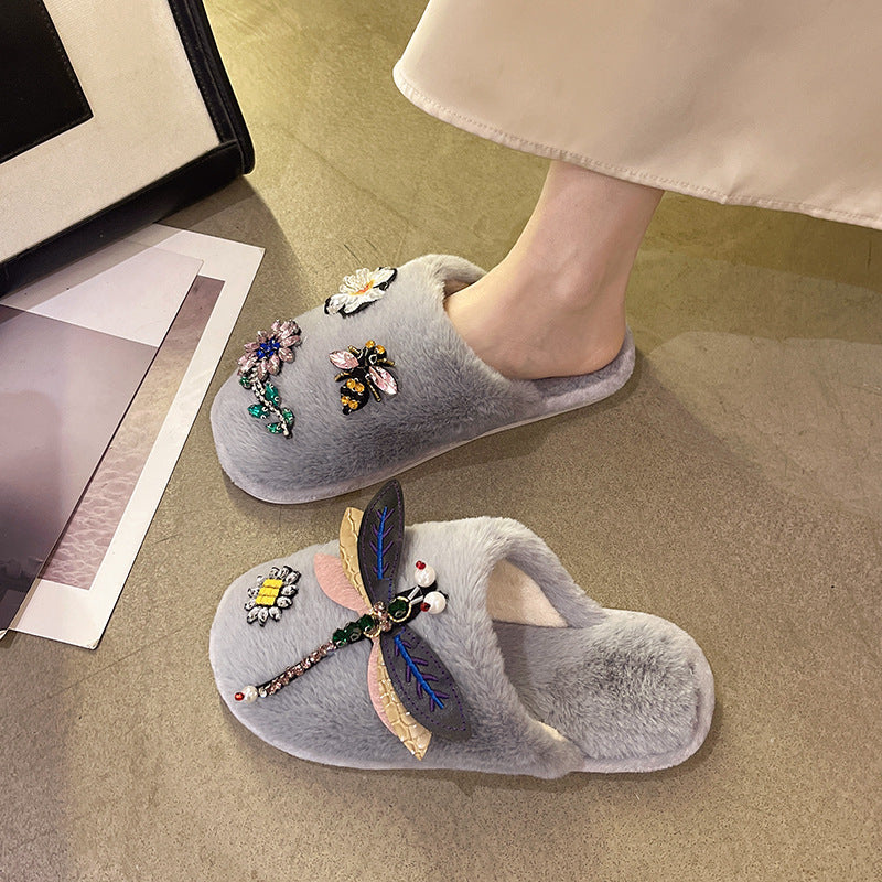 Women's Diamond Faux Fur Memory Foam Indoor Outdoor Slippers