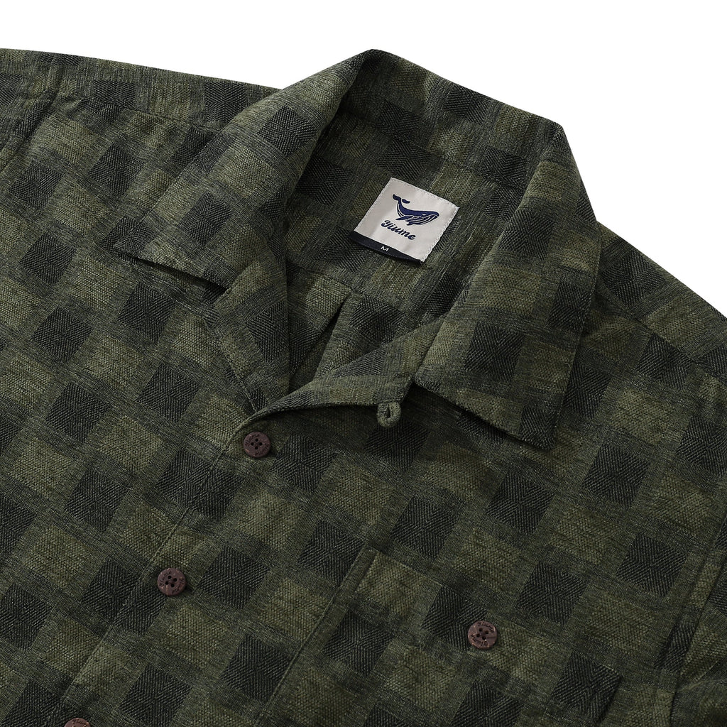 Olive Green Check Long Sleeve Hawaiian Shirt Men's Cotton