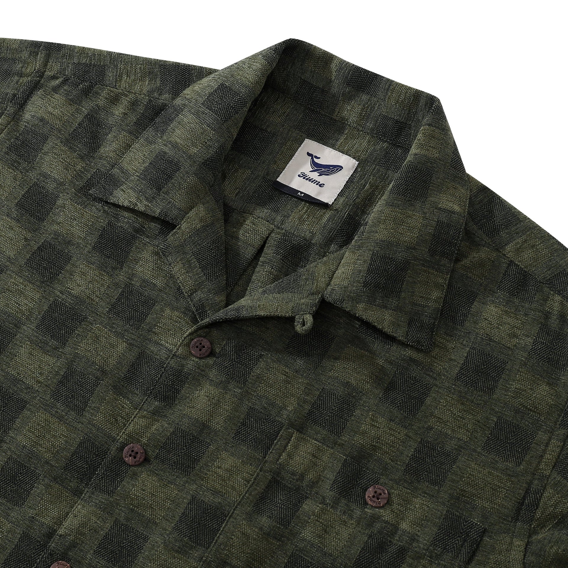 Olive Green Check Long Sleeve Hawaiian Shirt Men's Cotton