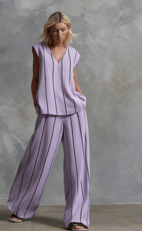 Women's V-Neck Sleeveless Striped Top and Wide Leg Pants Set - Image 8