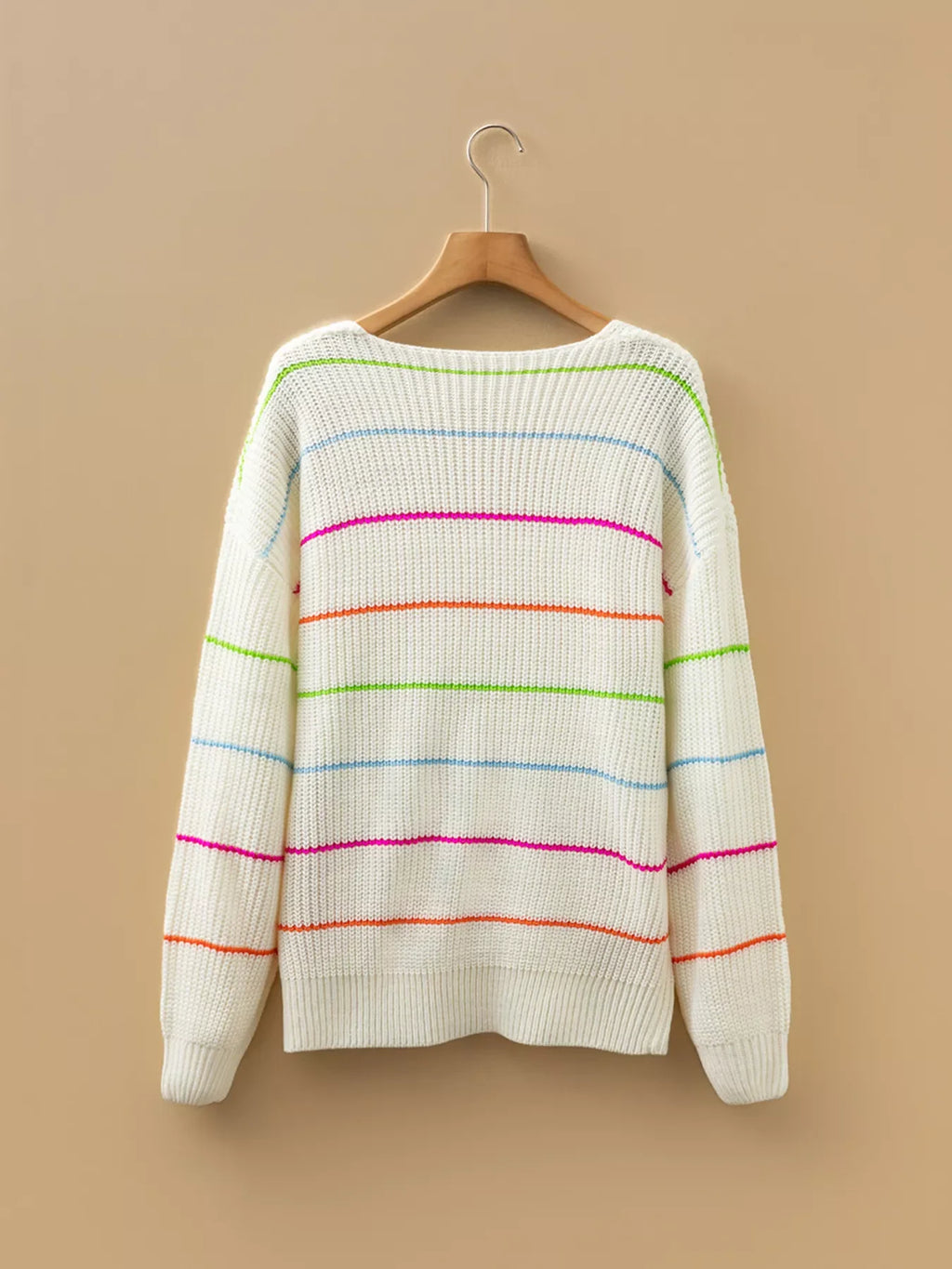 Colorful Striped Detail V Neck Drop Shoulder Baggy Sweater