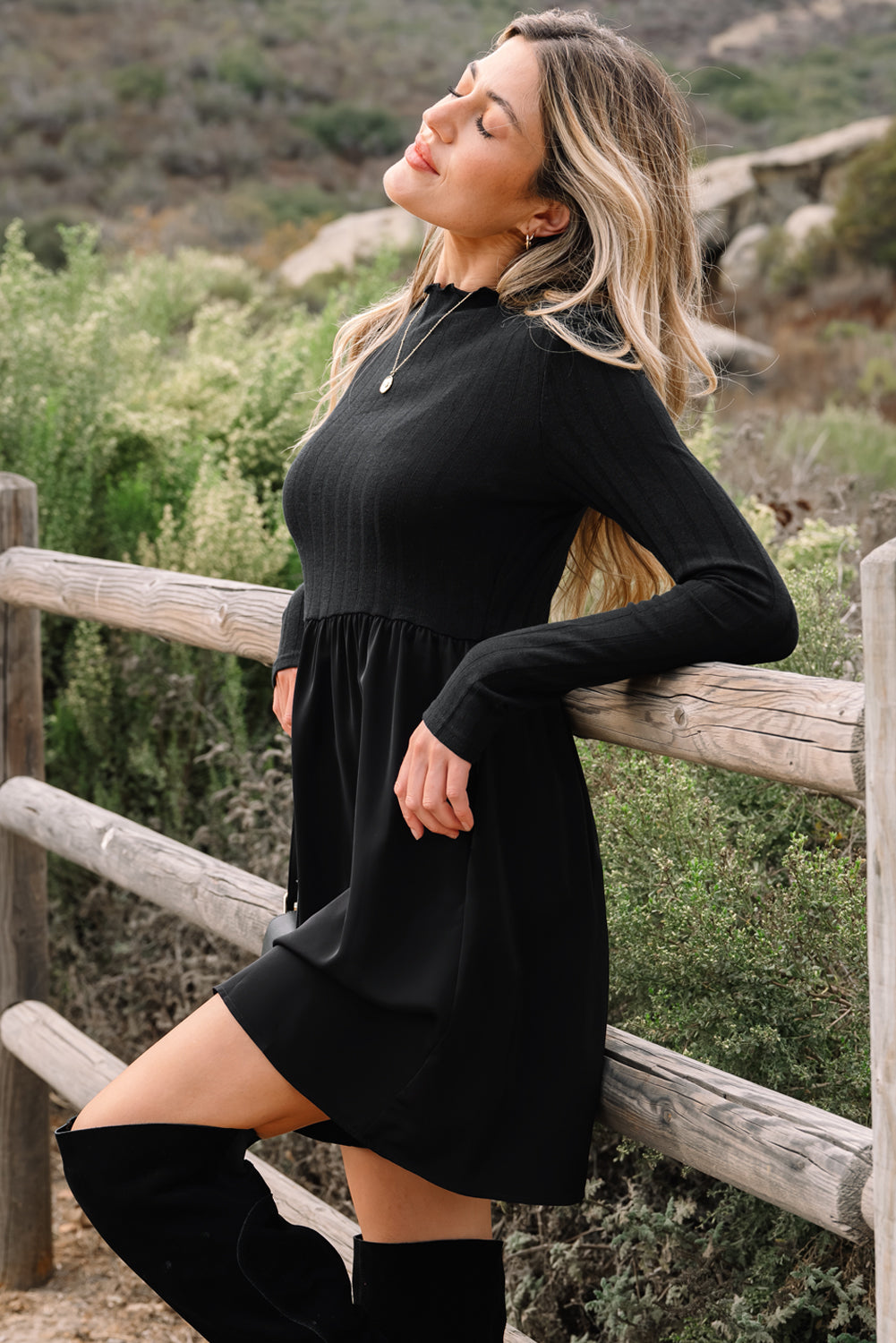 Ribbed Knit Patchwork Long Sleeve Dress