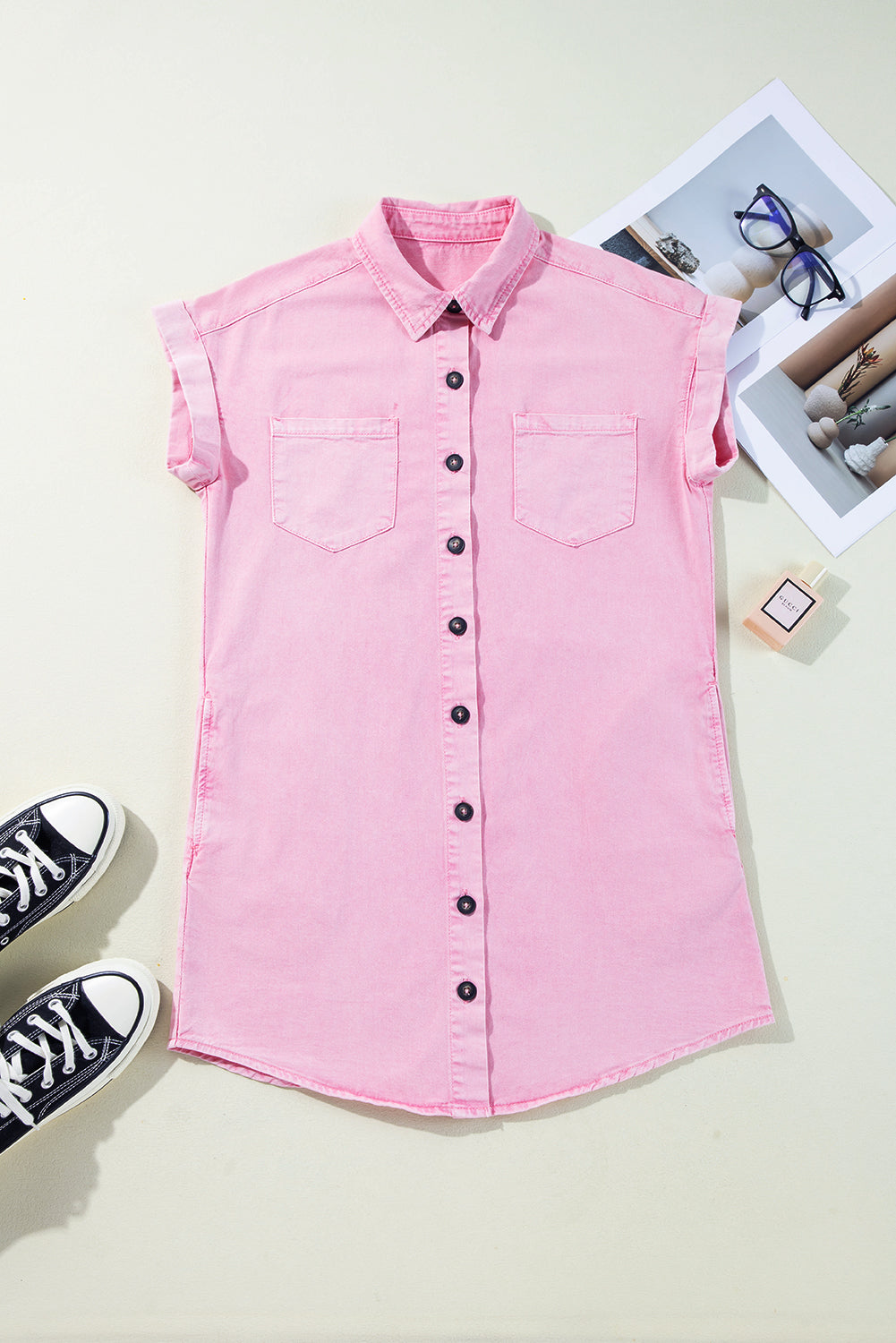 Pink Denim Shirt Dress | Double Pocket Mini Dress