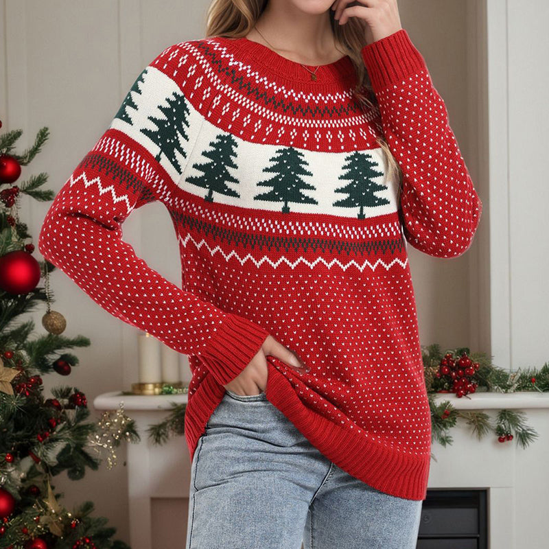 Women's Festive Pine Pattern Knit Holiday Sweater Round Neck - Image 8