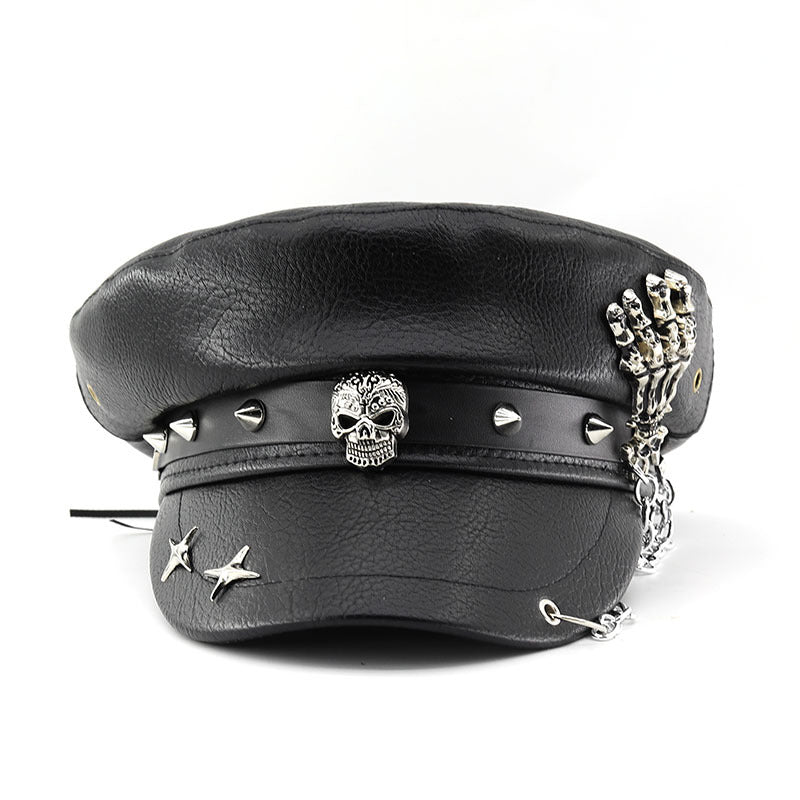 PU Leather Punk Peaked Cap with Chain & Stud Detail – Gothic Halloween Party Hat | 4 Designs: Cross, Leopard, Skull Claws & Spider