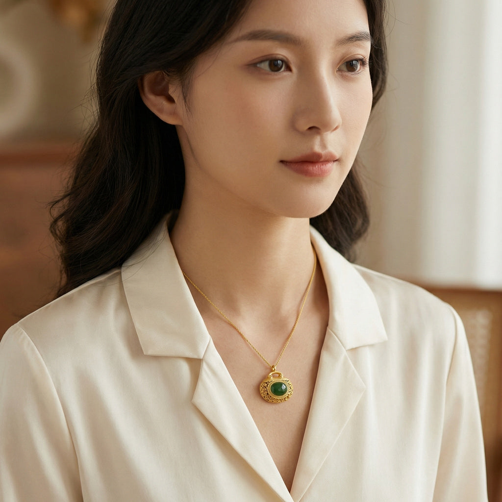 925 Sterling Silver Elegant Filigree Green Jadeite Pendant Necklace with Intricate Textured Metallic Detail