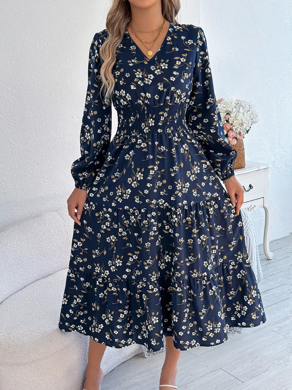 Floral Print Long Sleeve V-Neck Midi Dress