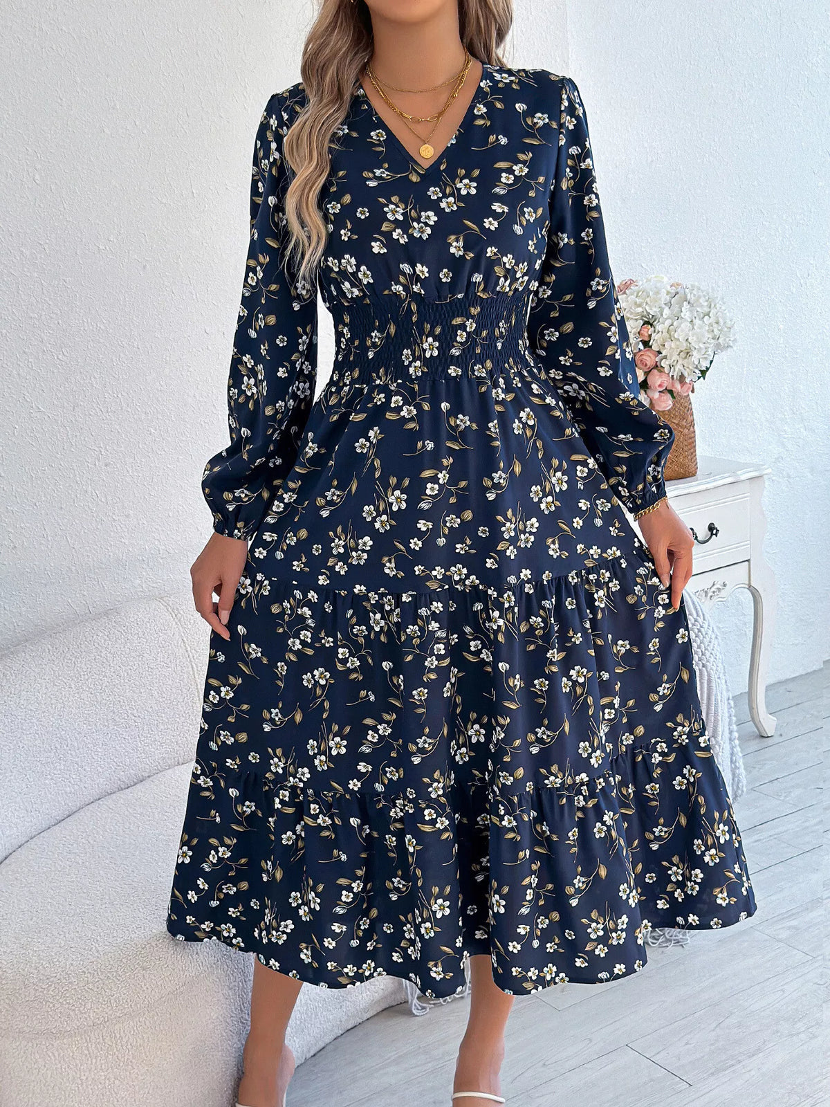 Floral Print Long Sleeve V-Neck Midi Dress
