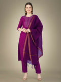 Women wearing a purple straight kurta set with embroidery and sequence work and a matching dupatta.