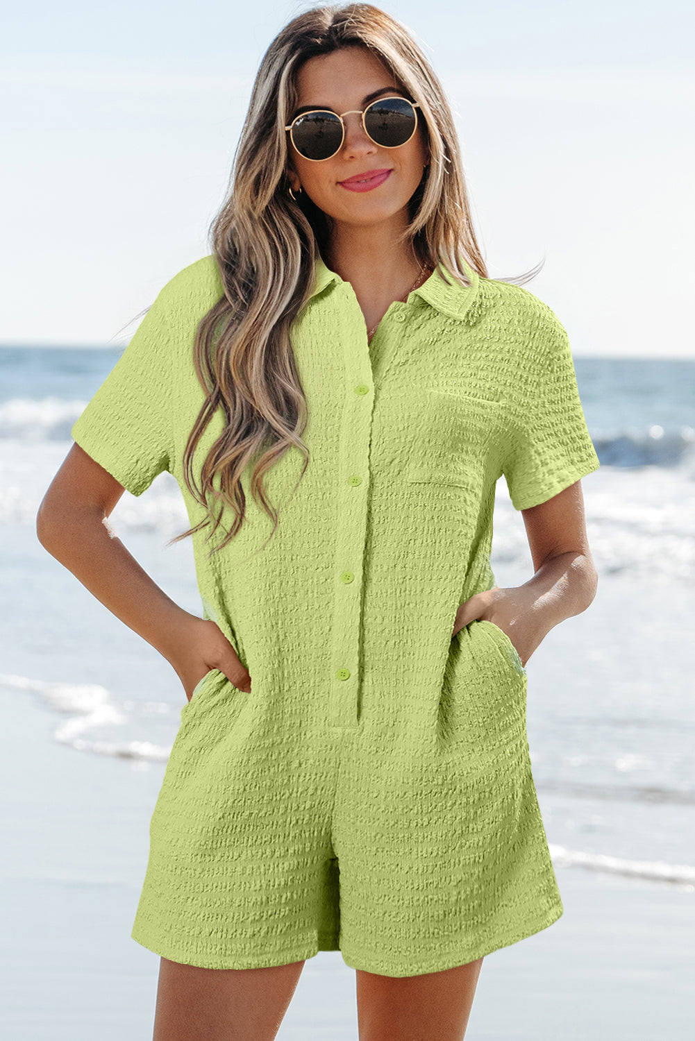 Textured Short Sleeve Patch Pocket Romper
