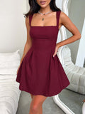 Bow Back Square Neck Mini Dress in Burgundy and Black