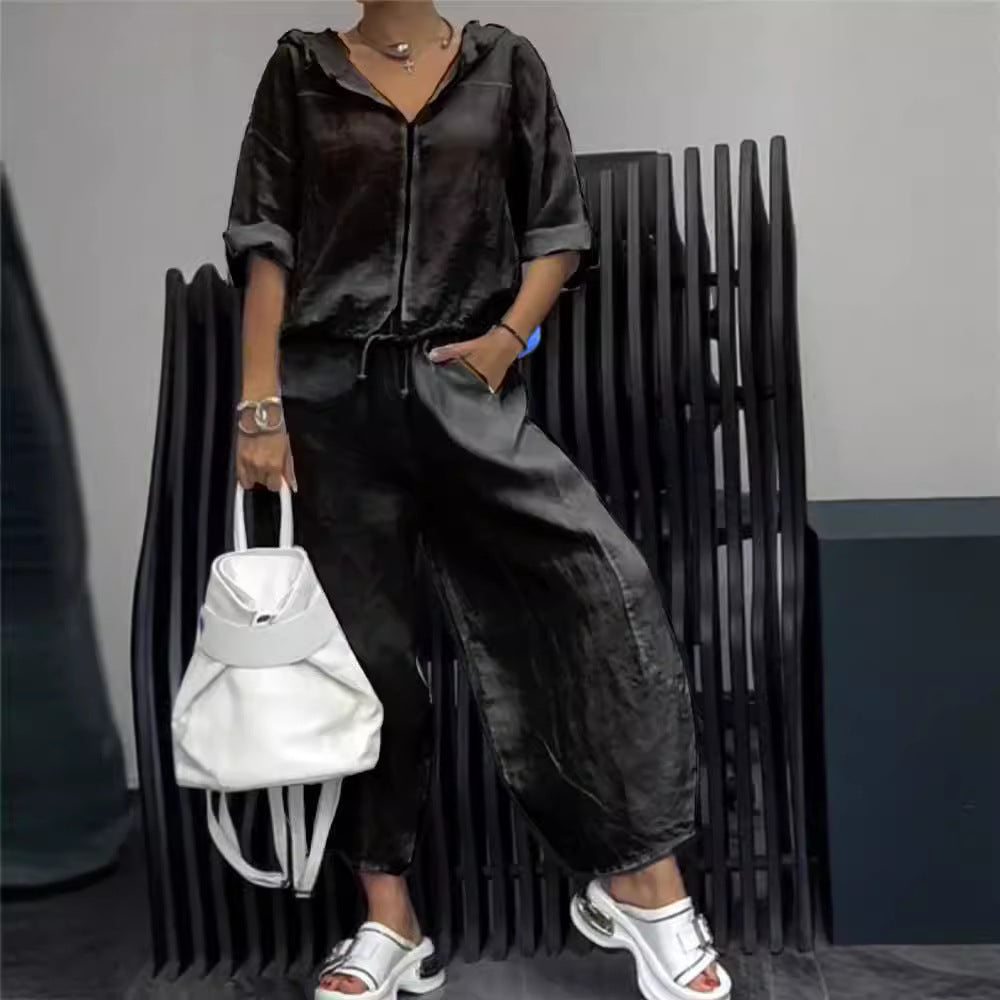 Women’s Cotton Linen Hooded Long Sleeve Top and Pants Set - Image 3