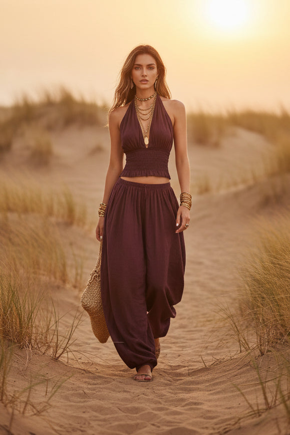 Women's Backless Halter Top & Wide-Leg Pants Set - Resort Wear
