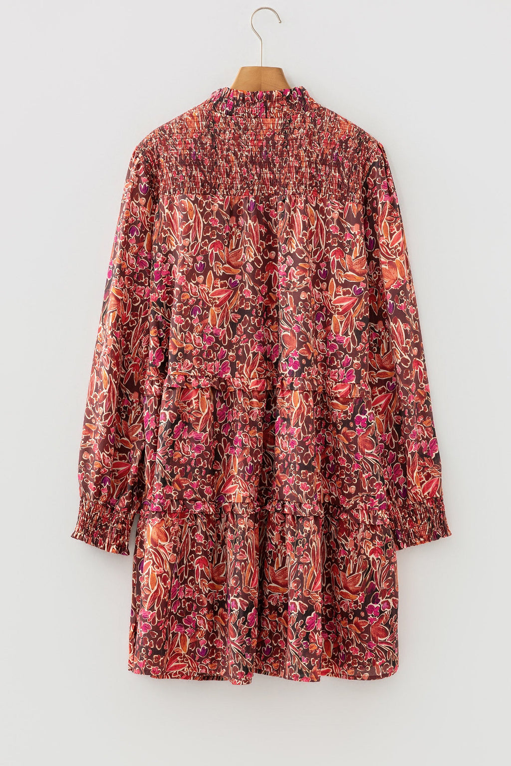 112 Red Floral Chiffon Long Sleeve Mini Dress - Shirred High Neck