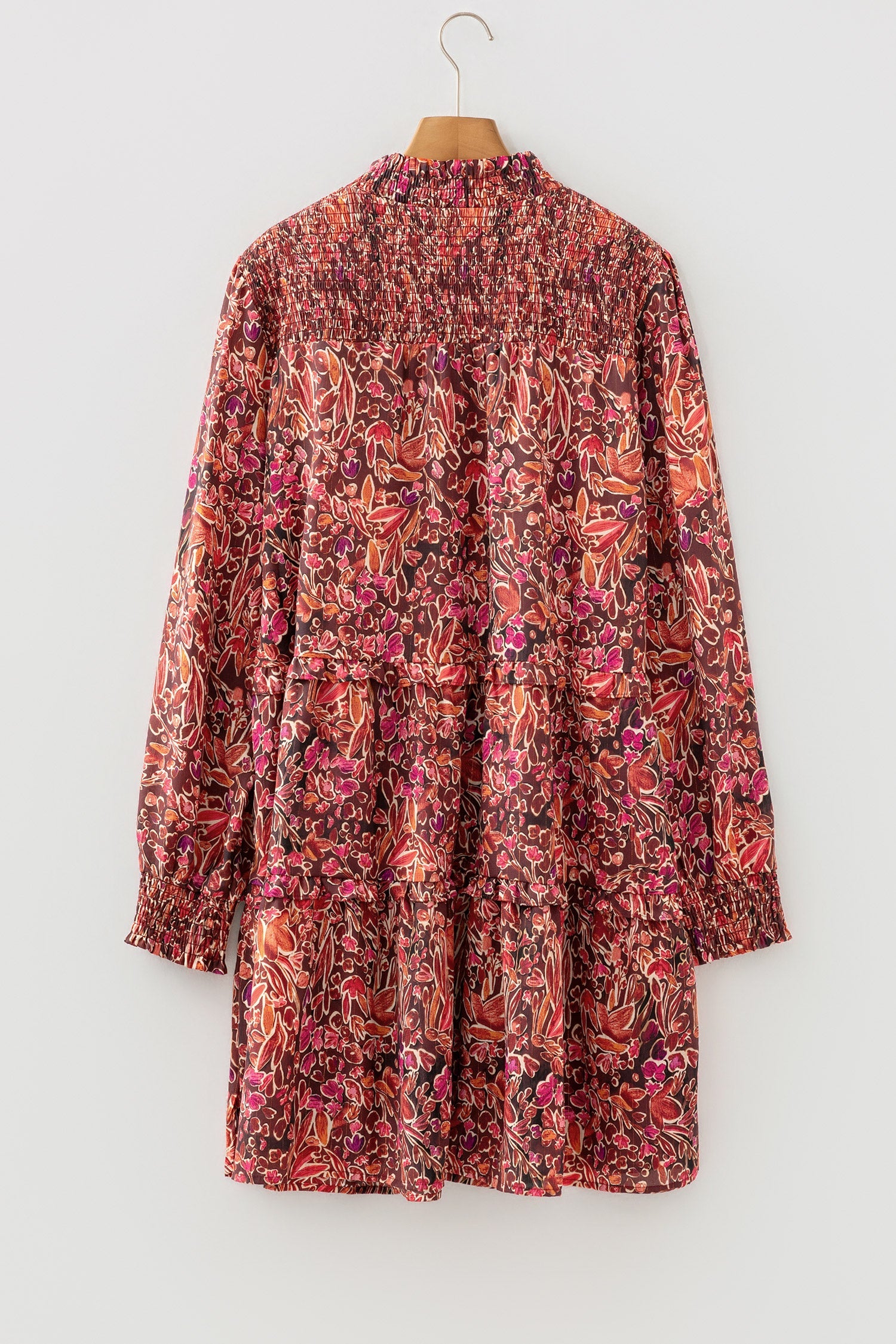 112 Red Floral Chiffon Long Sleeve Mini Dress - Shirred High Neck