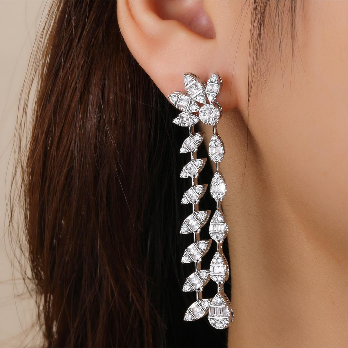 Floral Diamond Leaf Earrings, Pave Crystal Drop Earrings Silver