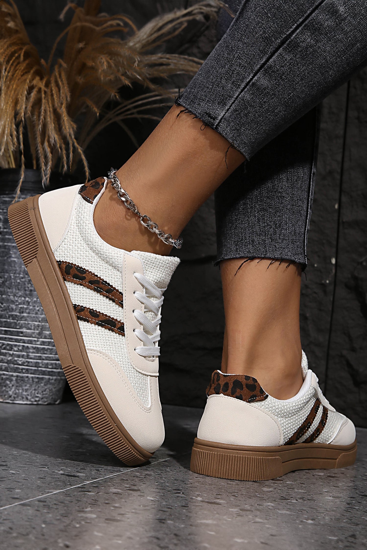 White Leopard Patchwork Woven PU Leather Sneakers