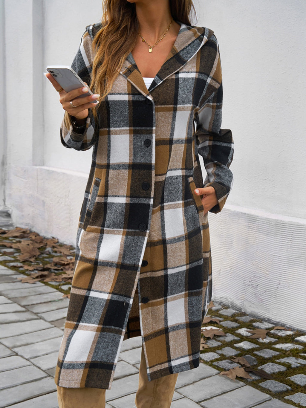 Women's Plaid Long Sleeve Hooded Coat in Brown and Green - Image 18