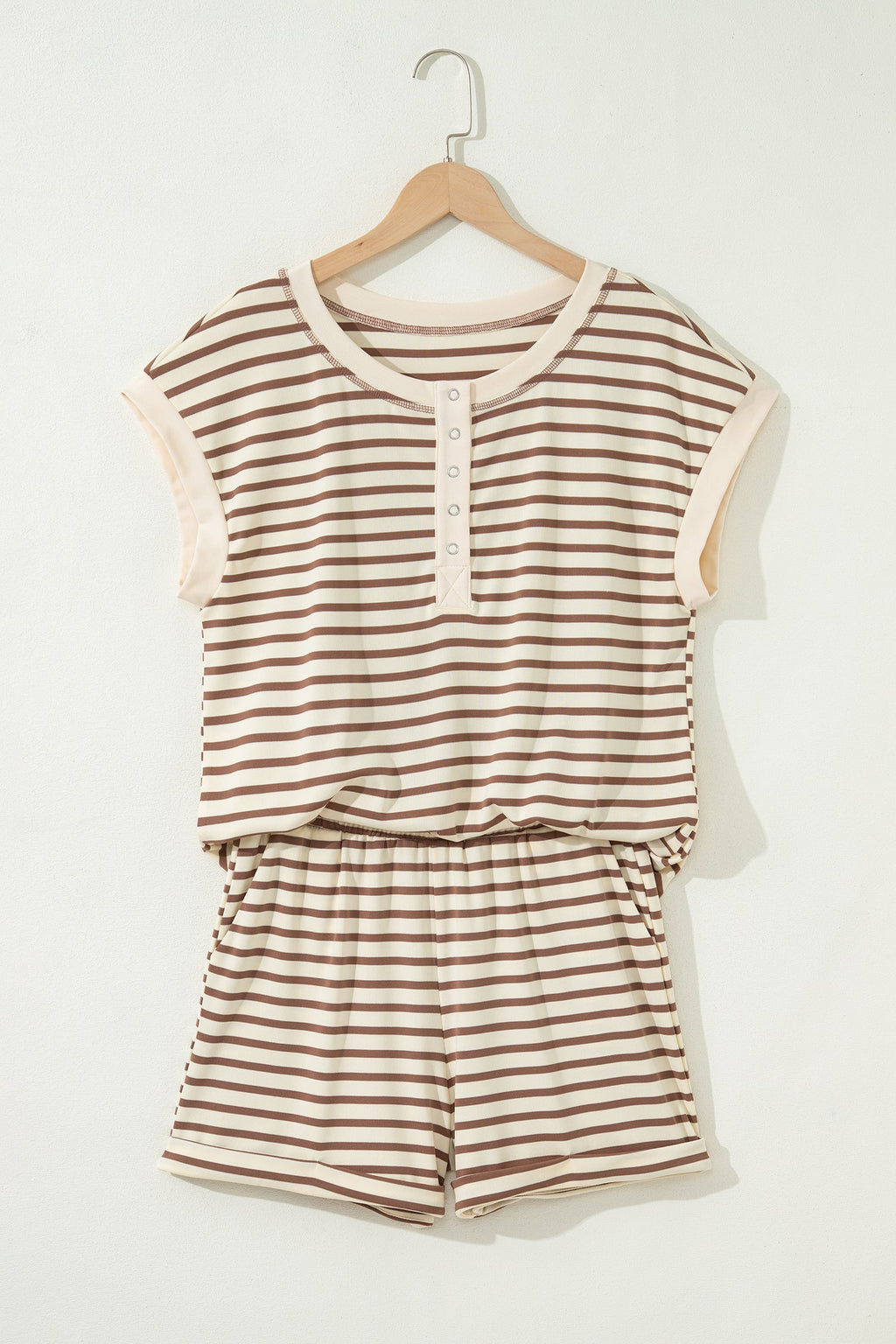 Striped Knit Top & Elastic Waist Shorts Set in Cream and Brown