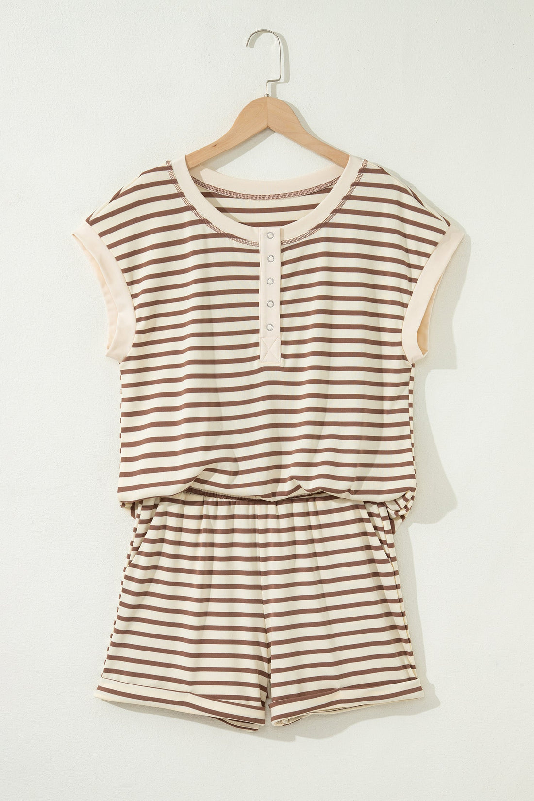 Striped Knit Top & Elastic Waist Shorts Set in Cream and Brown