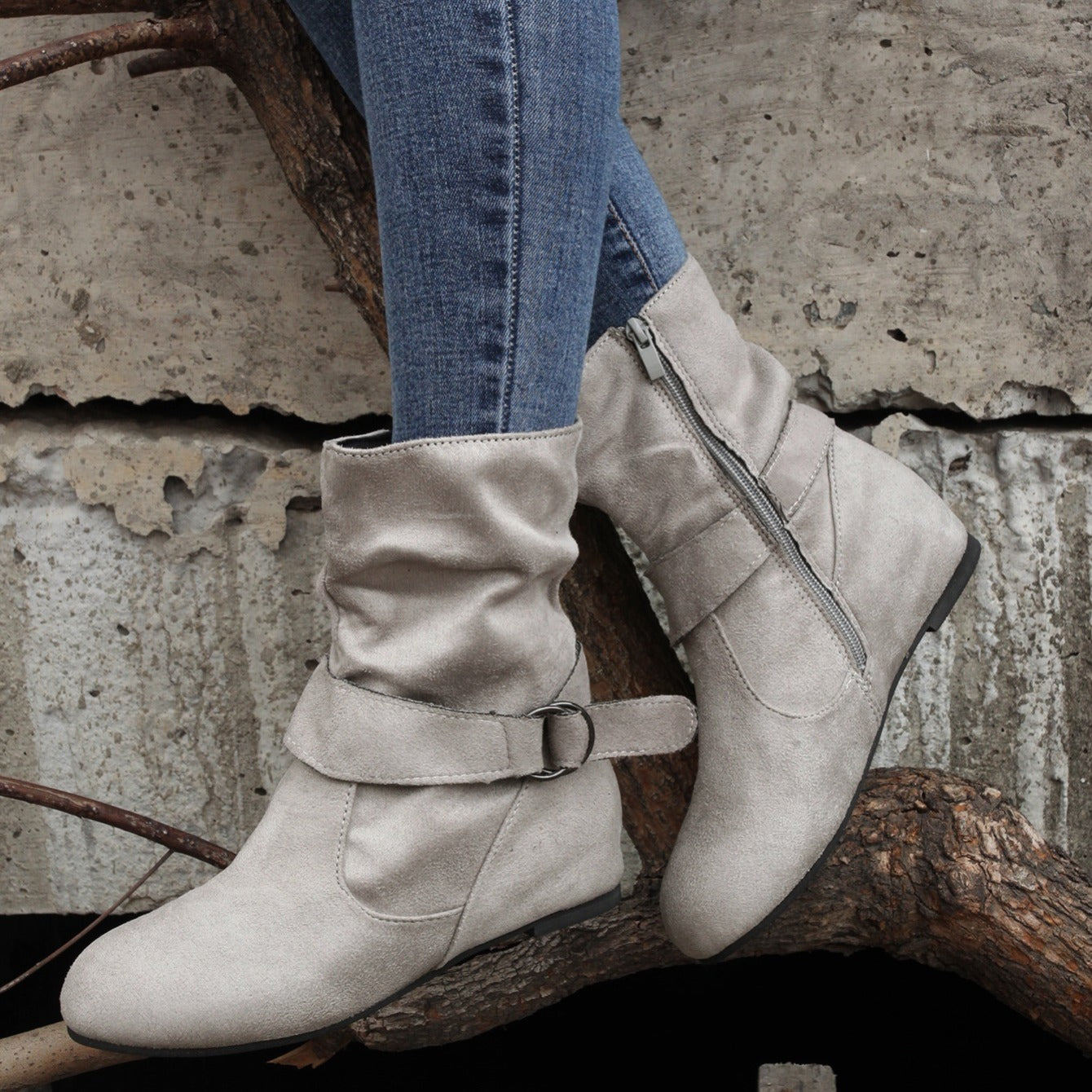 Women's Ankle Boots with Buckle Belt & Side Zip