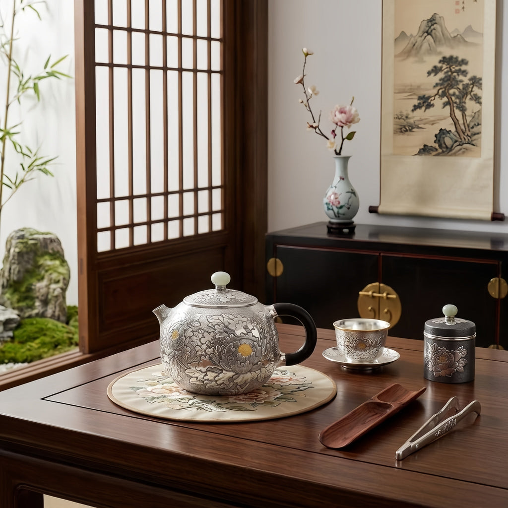 Handcrafted 999 Fine Silver Peony Teapot with Ebony Handle & Jade