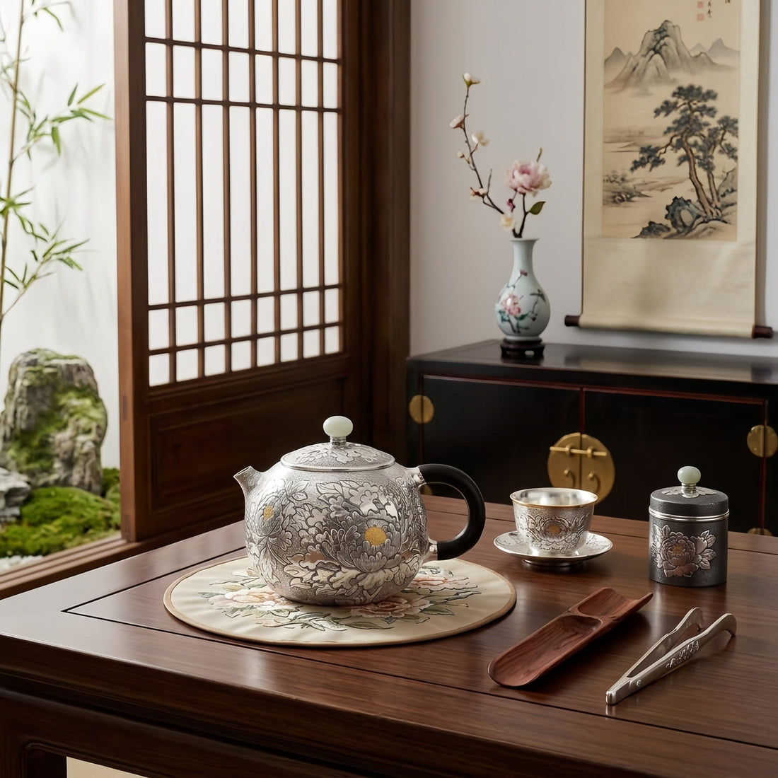 Handcrafted 999 Fine Silver Peony Teapot with Ebony Handle & Jade