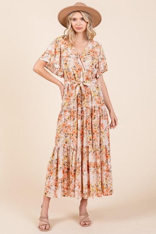 Floral Tie Waist Flutter Sleeve Tiered Dress