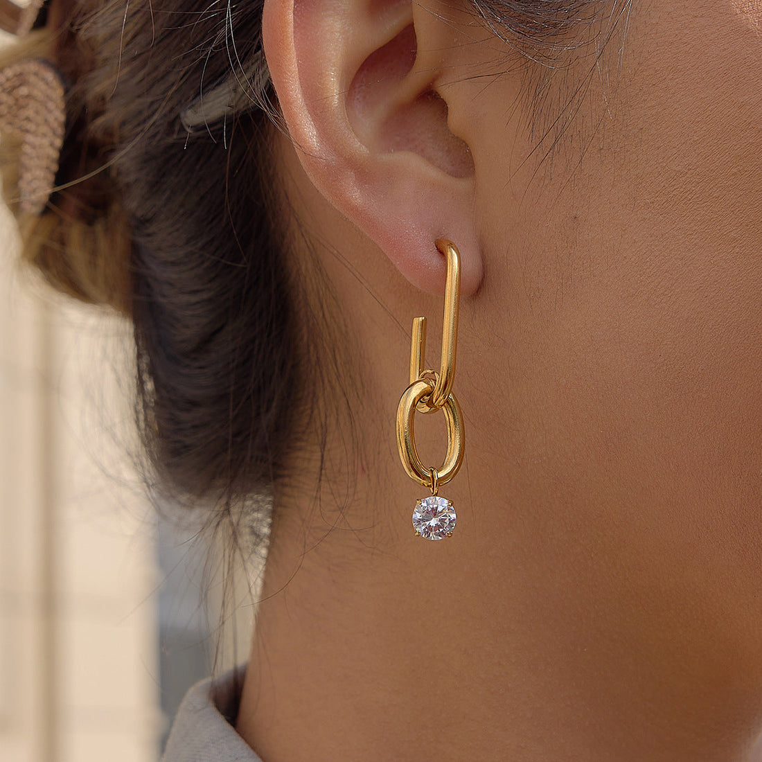 Minimalist Stainless Steel Zircon Drop Hoop Earrings