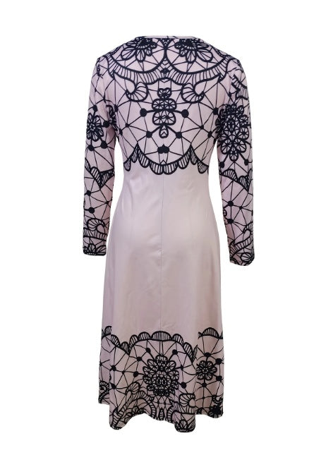 Women's Round Neck Printed Midi Dress with Black Lace Motif - Image 2