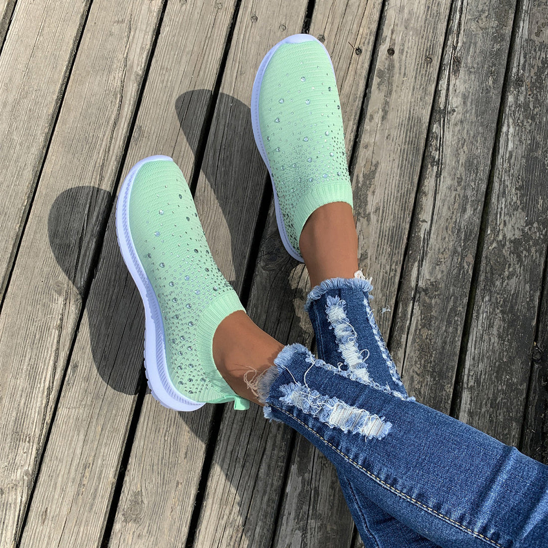 Women's Rhinestone Rainbow Color Block Breathable Mesh Sneakers - Image 24