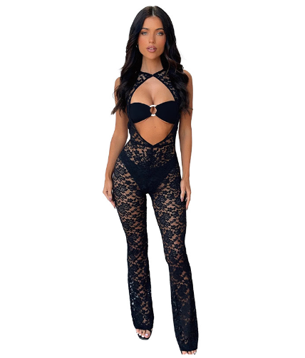 Black Floral Lace Backless Jumpsuit for Women