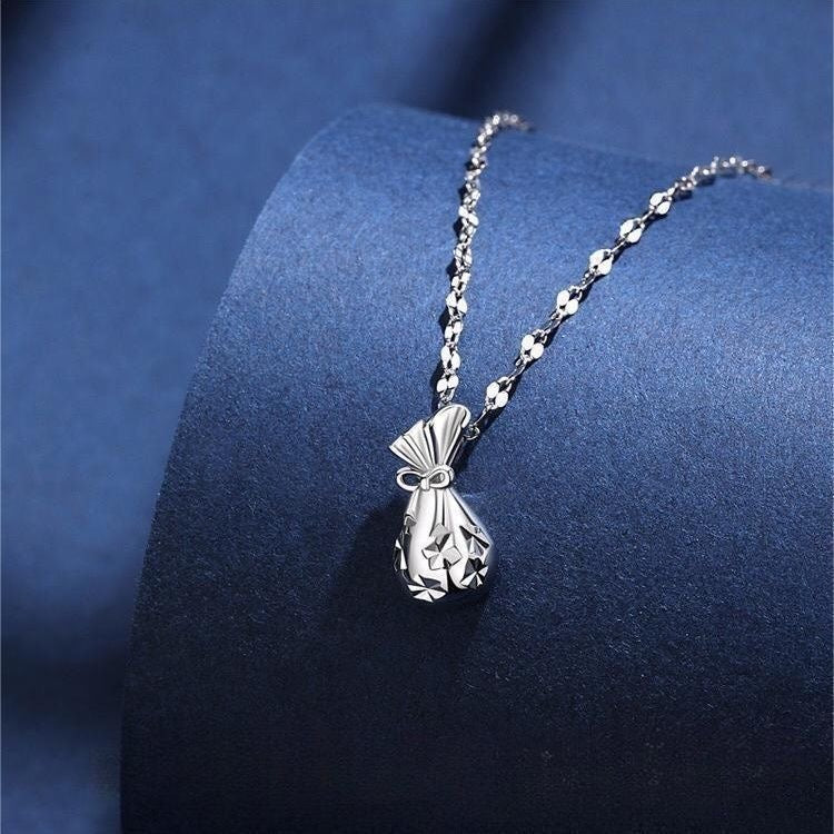 999 Sterling Silver Hollow Cutout Lucky Money Bag Pendant Necklace