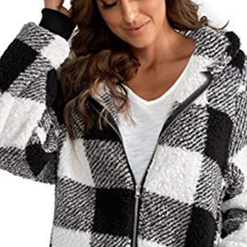 Women's Plaid Hooded Zip-Up Fleece Jacket Oversized Winter Coat - Image 4