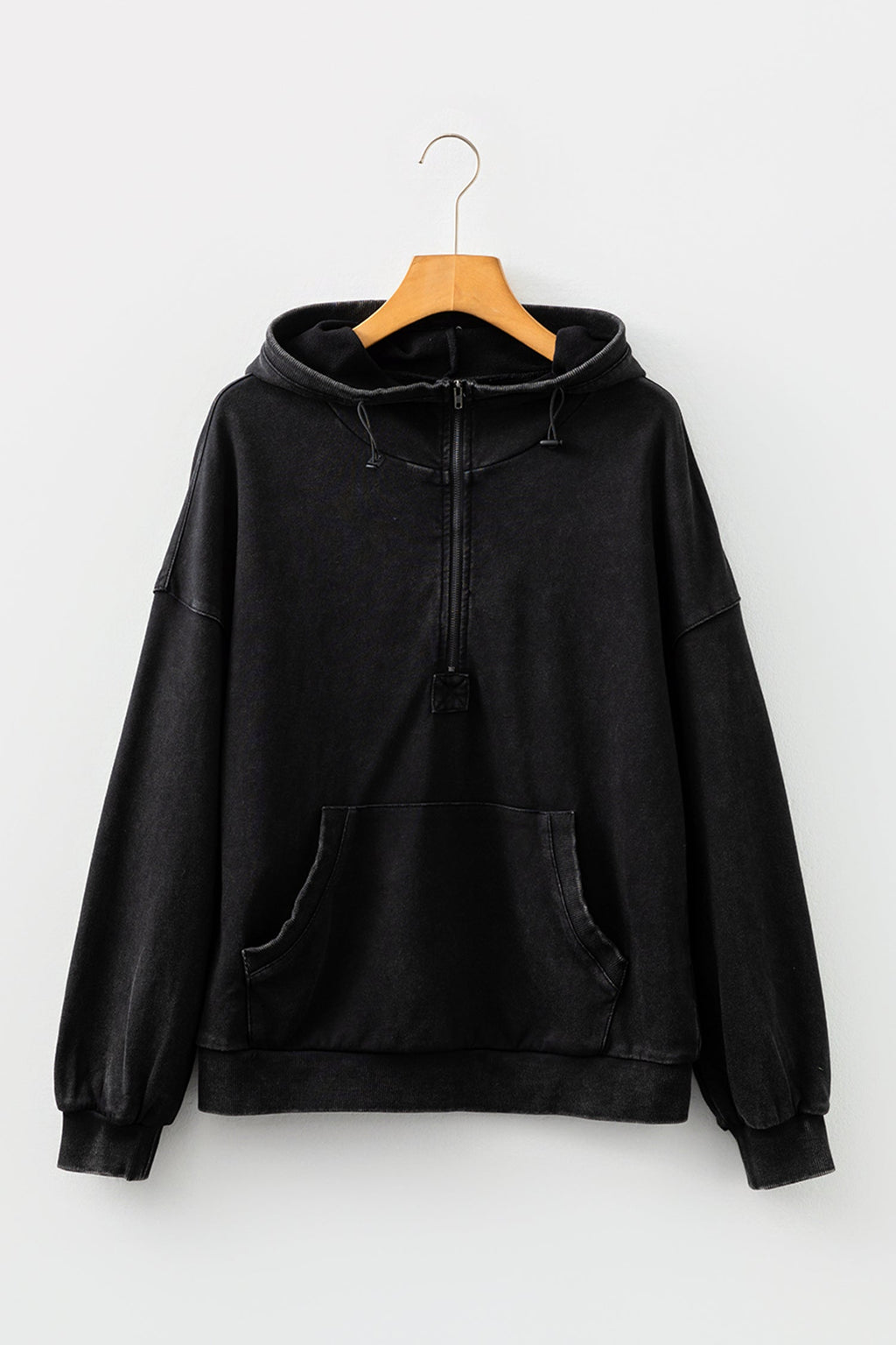 Black Half Zip Kangaroo Pocket Mineral Wash Baggy Hoodie