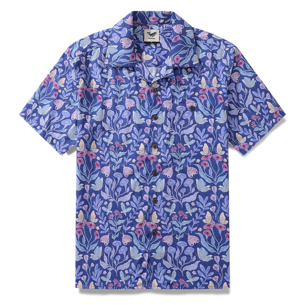 Men's 100% cotton Hawaiian shirt featuring a Midnight Garden nighttime floral print with a camp collar.