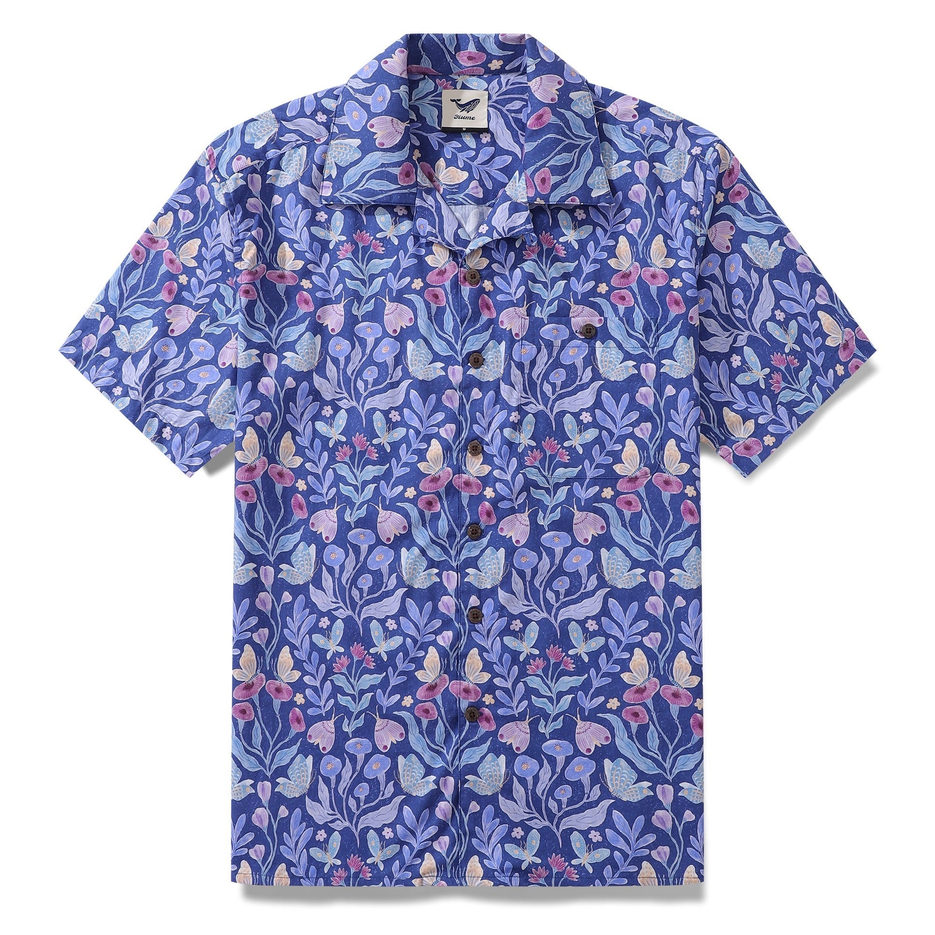 Men's 100% cotton Hawaiian shirt featuring a Midnight Garden nighttime floral print with a camp collar.