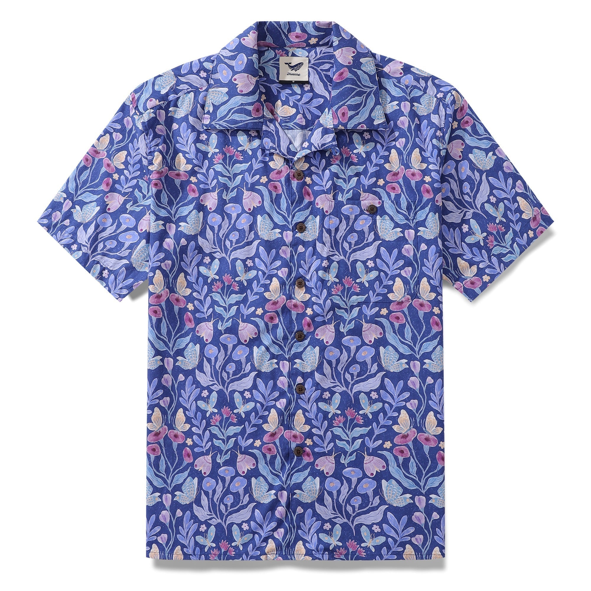 Men's 100% cotton Hawaiian shirt featuring a Midnight Garden nighttime floral print with a camp collar.