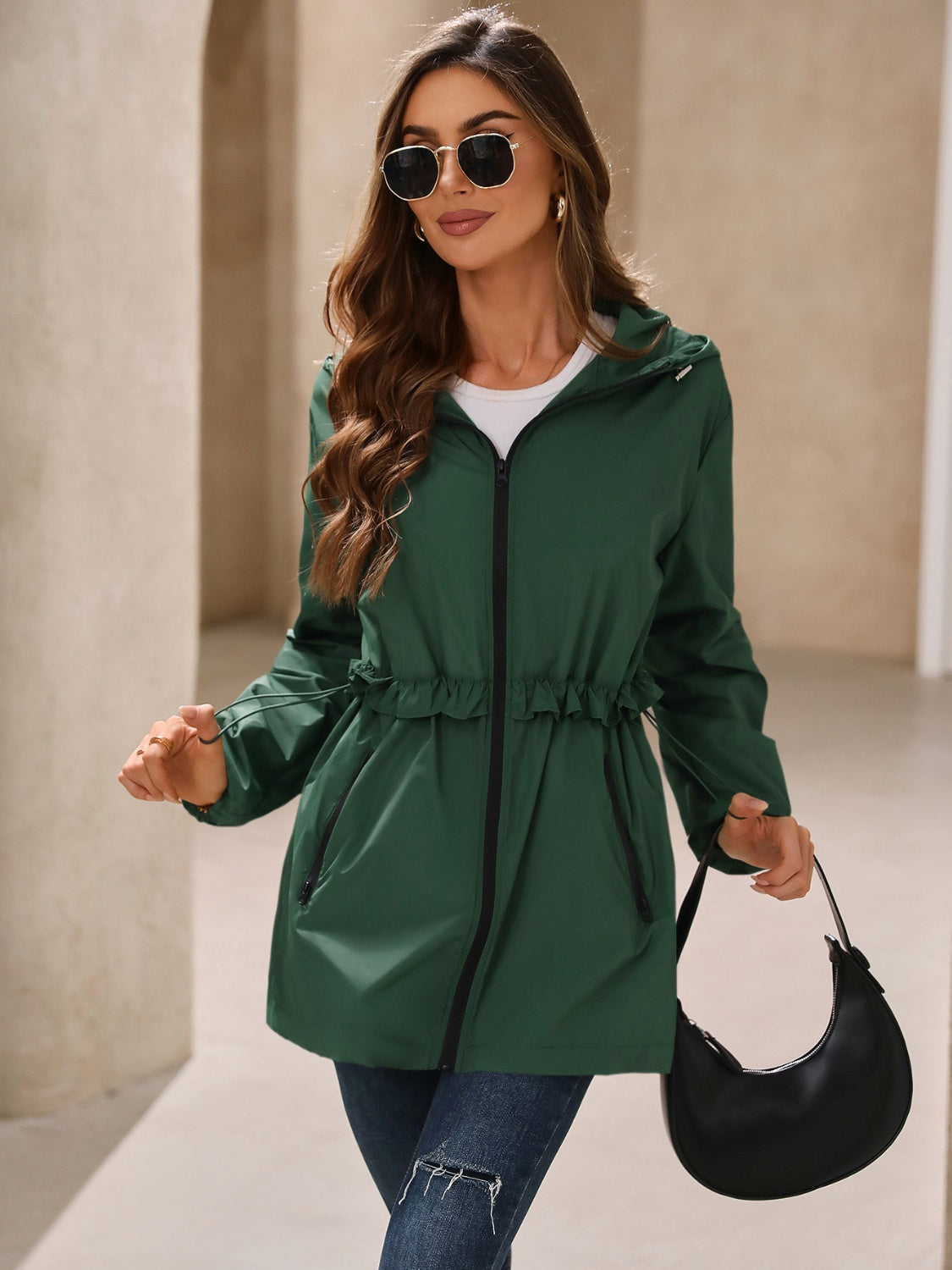 Women's Waterproof Hooded Windbreaker Jacket with Waist Detail - Image 17