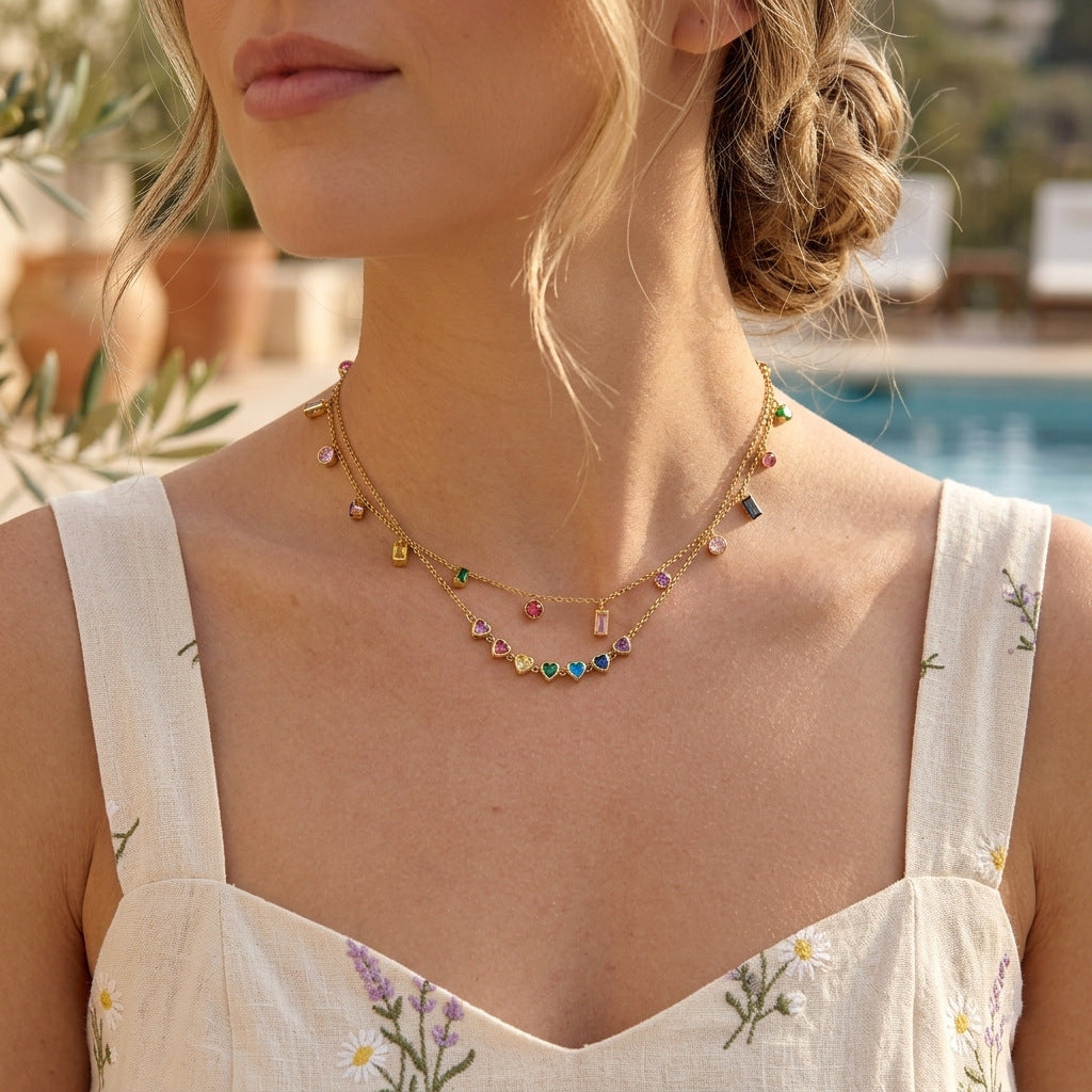 Spring Summer Vacation Jewelry Titanium Steel Colorful Zircon Necklace Light Luxury