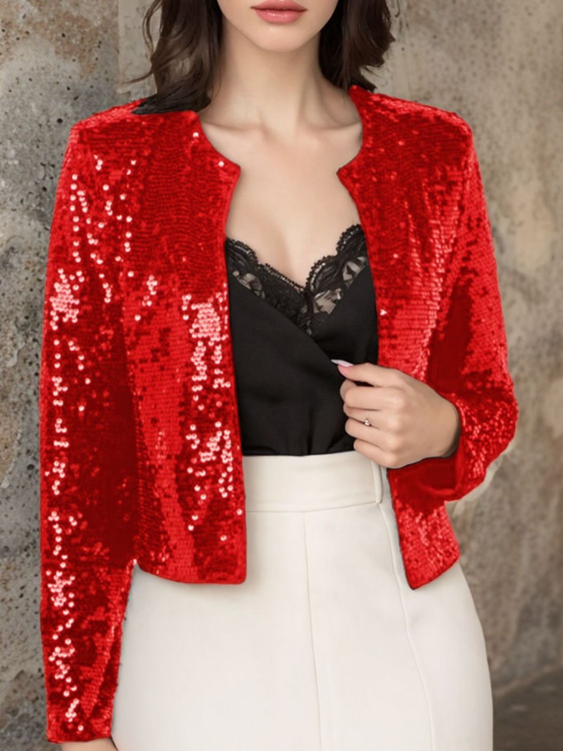 Sequin Open Front Cropped Jacket | Glamorous Party Style