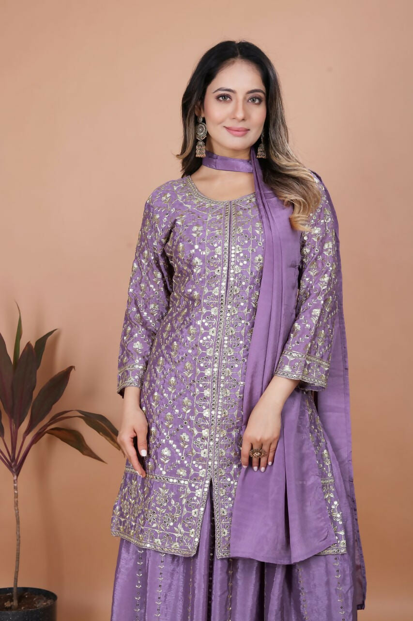 Purple Silk Embroidered Sharara Set with Kurti