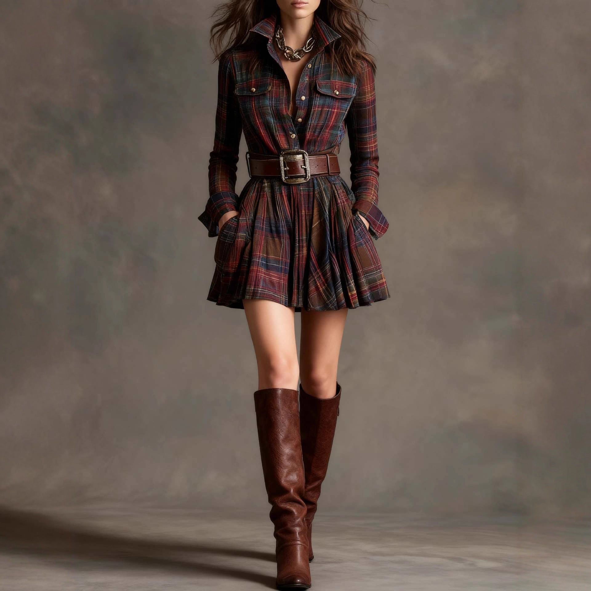 Women's Plaid Long Sleeve Mini Shirt Dress with Waist Belt